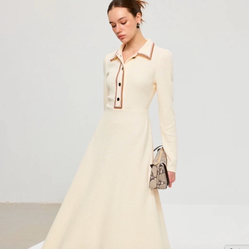 Commense contrast trim waffle long sleeve flowy dress - Picture 1 of 7